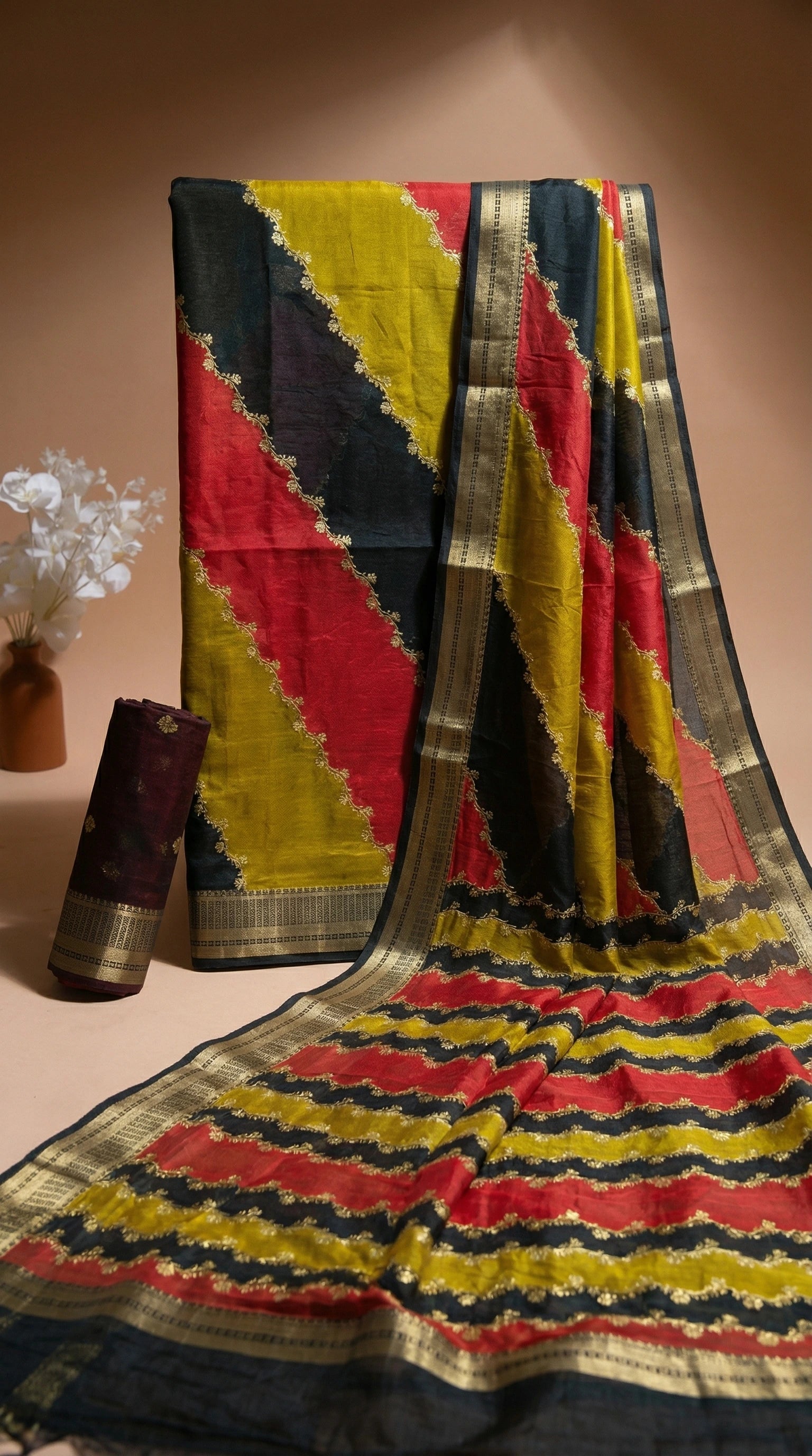 Colorful saree with a geometric pattern on a plain background